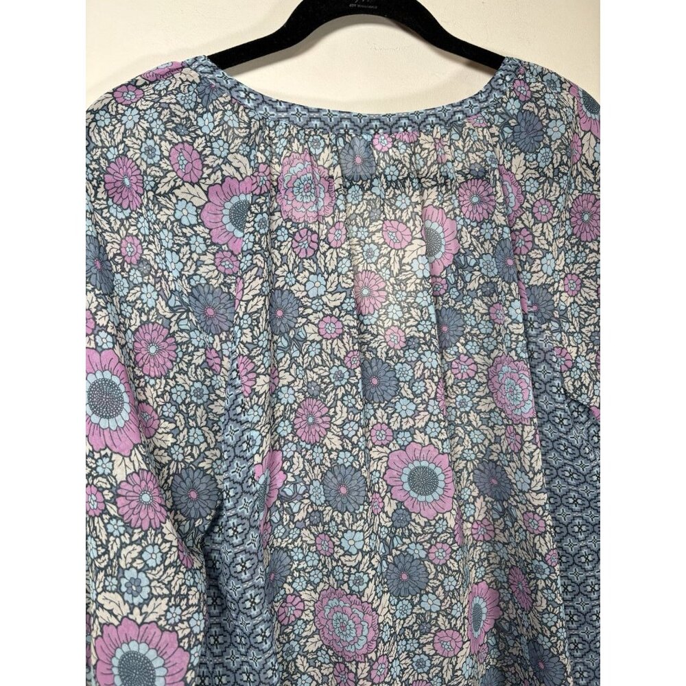 J. JILL Floral Sheer 3/4 Sleeve Blouse Blue Tie Size Medium Boho Cottagecore‎ - Picture 6 of 8